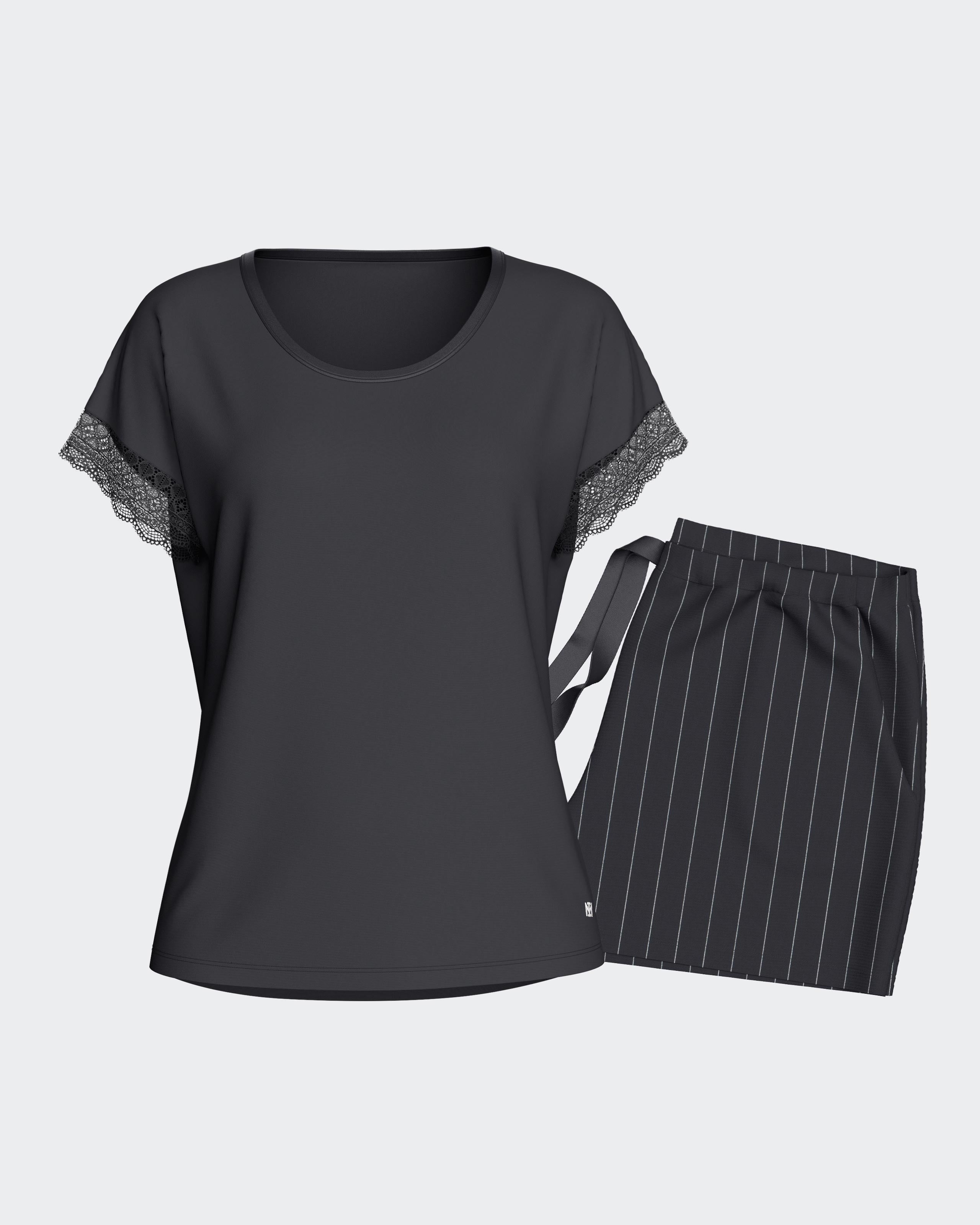 Pijama curto de mulher às riscas em Algodão Modal