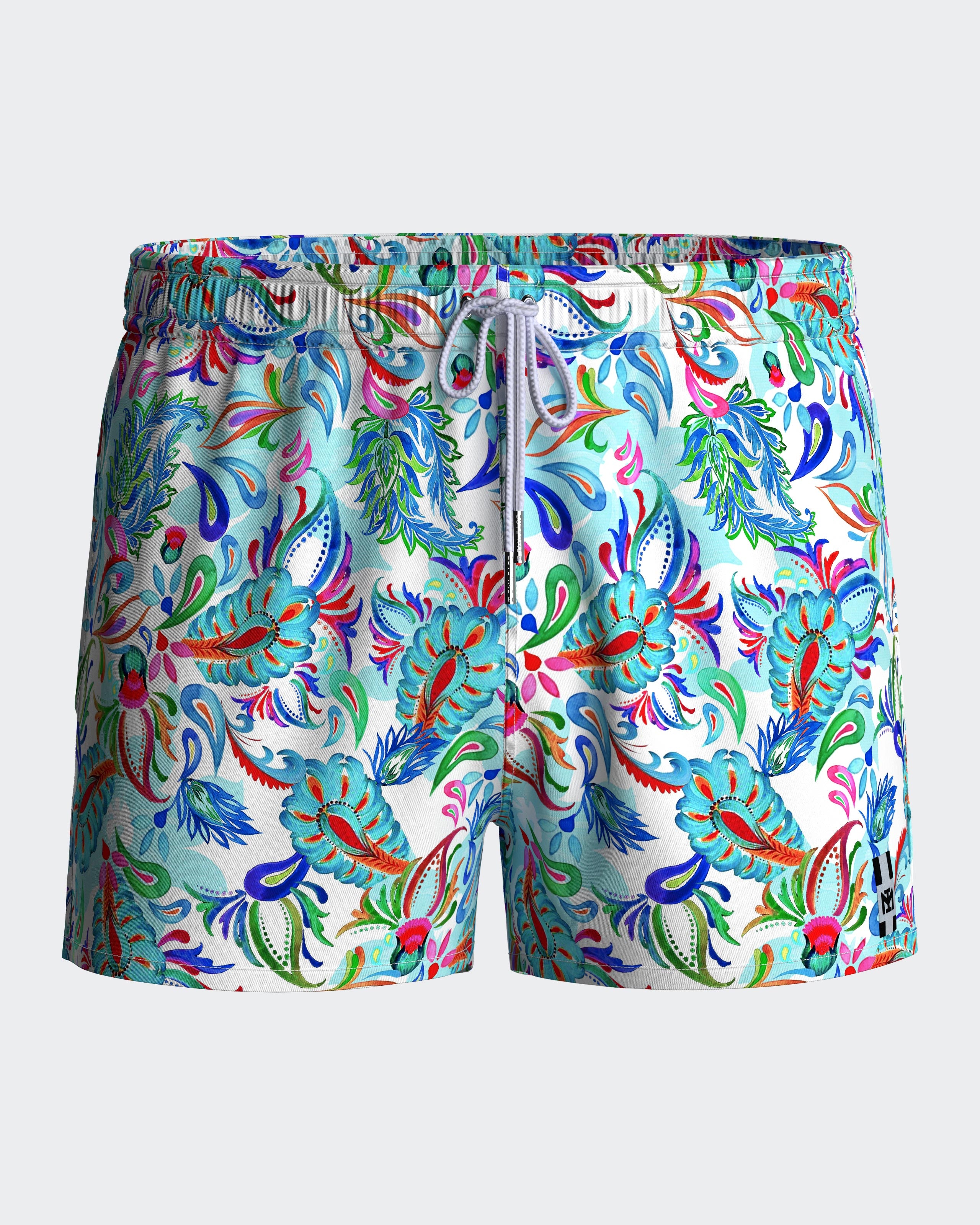 Swimming shorts with tropical print